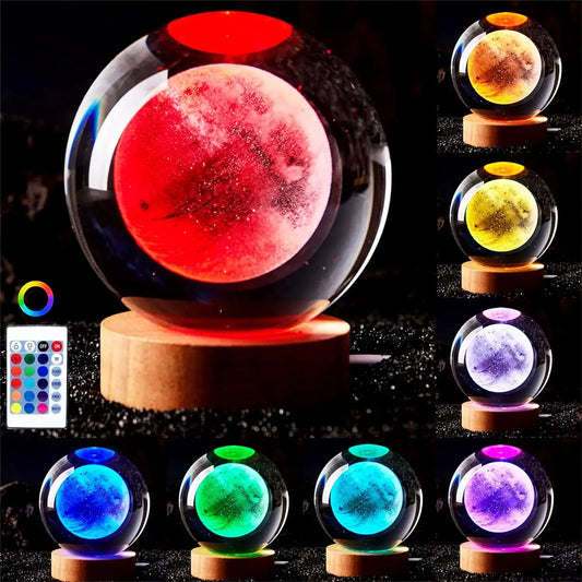 3D Moon Crystal Ball Lamp Night Light with Wooden Base